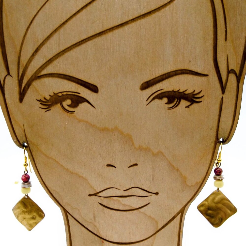 Millefiori and Brass Drop Dangle Earrings, Vintage Art Glass Beads with Hammered